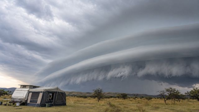 Waarom rukwinde tente en afdakke beskadig. Beeld van 'n rakwolk.